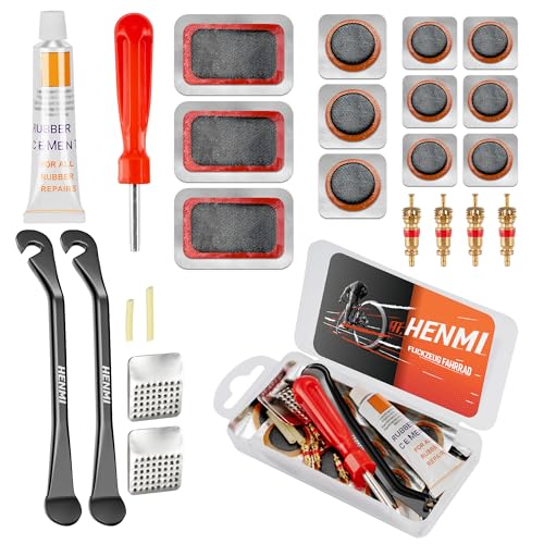 HENMI Fahrrad Flickzeug Set, Tragbar Flickset Fahrradreifen mit Reifenreparaturkleber, Patch, Metall Reifenheber, Ventilschlüssel, Ventileinsatz Kompatibel mit Allen Fahrradschläuchen 2024