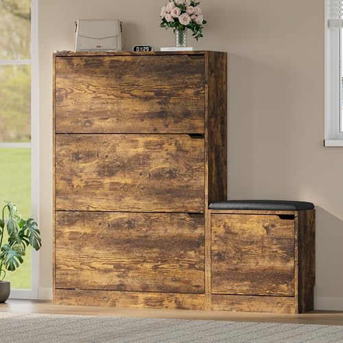 Image of BORNOON Shoe Cabinet with Bench and 3 Flip Drawers, Slim Narrow Shoe Storage Cabinet, Freestanding Shoe Rack Organizer with Adjustable & Removable Shelves, Anti-Tip for Entryway, Hallway, Foyer