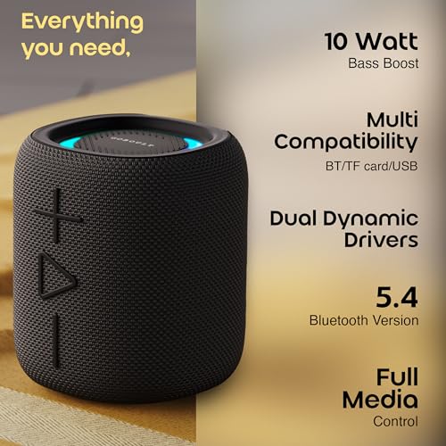 Image of GOBOULT Rave Q10 Bluetooth Speaker with 10 Watt BoomX Audio, Up to12 Hrs Playtime, Type-C Charging, TF Card /USB & Bluetooth 5.4 Compatible, Made in India Portable Speaker (Jet Black)