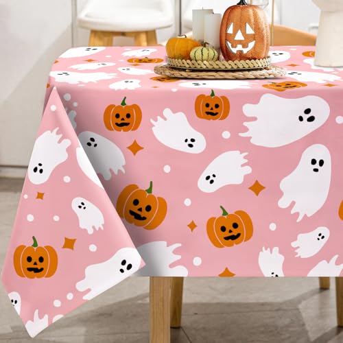 JarThenaAMCS Halloween Tablecloth 60 x 104 Inch Ghost Pumpkin Table Cover Pink Rectangle Table Cloth for Home Farmhouse Picnic Dining Table Decor