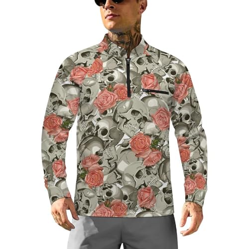 Skull with Roses Pattern Men's Rash Guard Long Sleeves Quick Dry Fishing Workout Shirts with Zipper