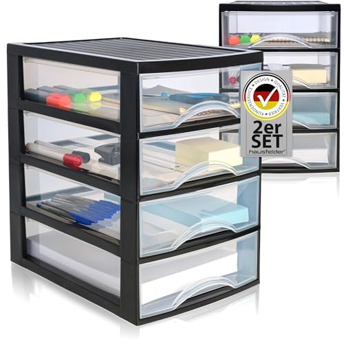 Hausfelder Schubladenbox A4 mit 4 Schubladen, 2er Set Büro Ordnungssystem für Schreibtisch, transparente Ablagesysteme Organizer, Minikommode Sortierkasten für Dokumente und Papierablage