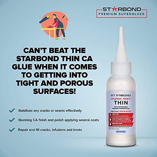 Starbond Em-02 Super Fast Thin, Premium Instant Ca (Cyanoacrylate Adhesive) Super Glue Plus Extra Cap And Microtips, 2 Oz. (For Woodturning, Pen Turning, Hobby, Stabilizing, Finish, Inlay) #TOP5