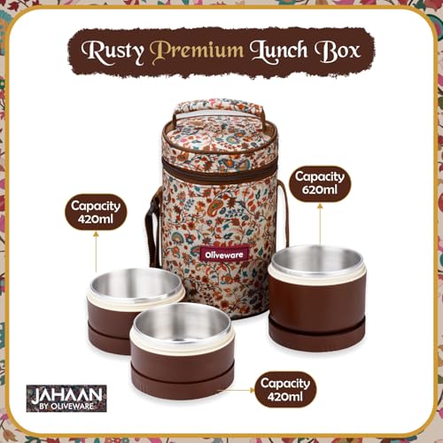 Image of Oliveware Rusty Lunch Box | 2x420ml + 1x600ml Stainless Steel Containers | Leak-Proof, Insulated, BPA-Free, Microwave-Safe | with Premium Carry Bag | Ideal for Office, School & Travel (Off White)