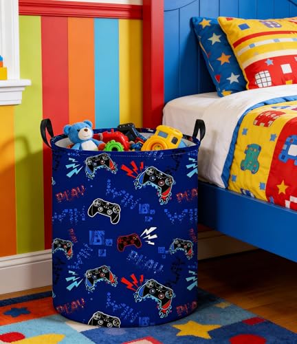 Image of Game Laundry Basket Baby Hamper Dirty Clothes hamper Baby Nursery Hamper Gift Baskets Toy Storage Bin Boy Room Decor(Blue Games)