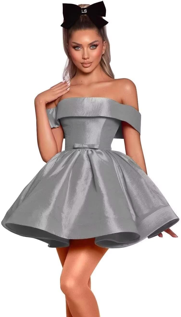 Women's Off Shoulder Satin Homecoming Dresses for Teens Short Prom Dresses with Bow A Line Cocktail Mini Dress