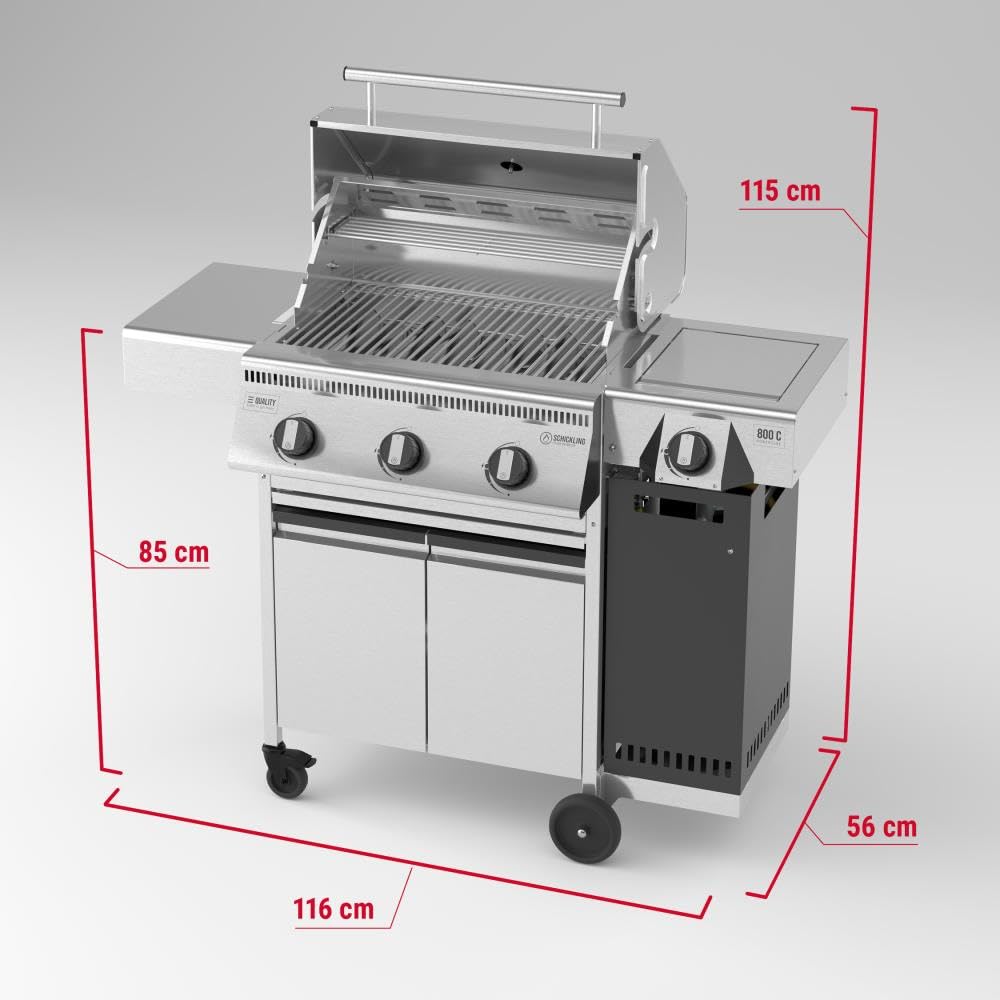 Schickling Gasgrill "Henry L - Deluxe" Edelstahlgrill Grillwagen mit Unterschrank, Doppelwandigem Deckel, 3 Brenner, 800 Grad Seitenbrenner & 3-teiligem Grillrost - Made in Germany