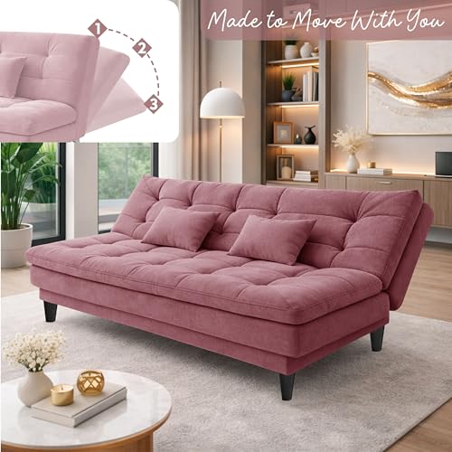 Image of Modern 3 Seater Sofa Cum Bed | Tufted Backrest | Velevt Fabric Upholstery | Living Room Furniture-Rose Pink