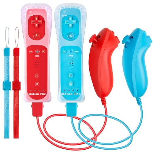 DTianSir 2 Pack Wii Remote with Nunchuk Controller,Wireless Controller with Built in Motion Plus for Wii & Wii U Console(Red&Light Blue) [Video Game]
