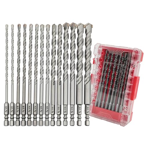 Pro Edge 14 Pcs Masonry Drill Bit Set 5/32'-1/2', Carbide Concrete Drill Bits with Shockproof Hex Shank and Industrial Carbide Bit Tip for Brick/Glass/Cement/Tile/Plastic, with Storage Box