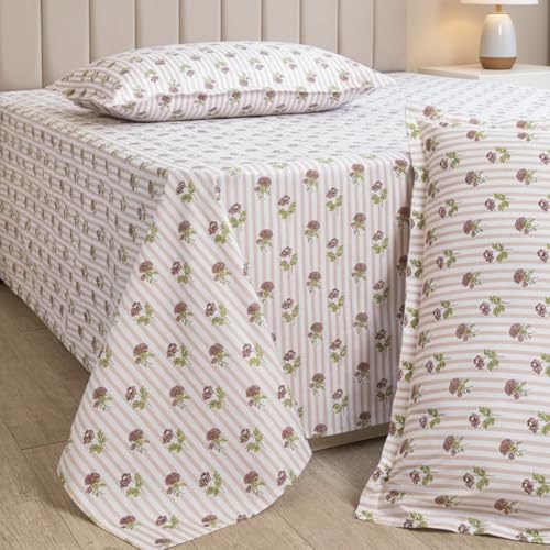Image of HOMEMONDE Single Size Bedsheet | Cotton Flat Sheet with One Pillow Cover | 186 TC |Floral Design| All-Season Soft Bedsheet for Single Bed (60 x 90 Inch /152 x 229 cm, Peach)