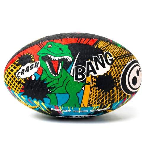 Optimum Rugby Ball - Balanced and Responsive for Accurate Handling and Kicking of Top-Performing Rugby Balls - Perfect for Training and Gameplay - 2-Ply 410g Ball - Dino City - Size 5