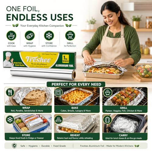 Image of Freshee Aluminium Foil Paper for Food Wrap 1 Kg Gross | 18 Micron Roll for Roti Paratha Sandwich Wrapping Cooking Baking Grilling | Hygienic Foil for Kitchen Office Use | Keep Food Fresh & Warm Pack 3