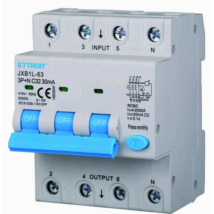 Interruttore Magnetotermico Differenziale, 3P+N, 380V-6KA, 30mA, 4 Moduli DIN (32A)