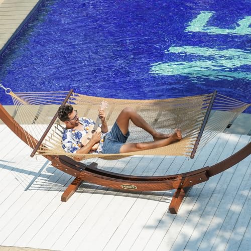 Lazy Daze Hammocks 10.5 FT Double 2 Person Caribbean Rope Hammock, Hand Woven Polyester Hammock with Spreader Bars, Extra Large Outside Outdoor Backyard Patio Poolside Hammock, 450 LBS Capacity, Tan - Thumbnail 2