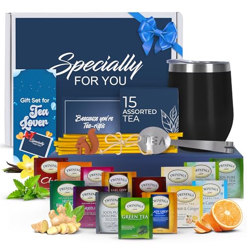 Tea Gift Set for Women and Men – Elegant Tea Sets for Women Gift with 15 Unique Teas, Stainless Steel Tumbler &amp; 10 Honey Straws in Premium Box (Black)