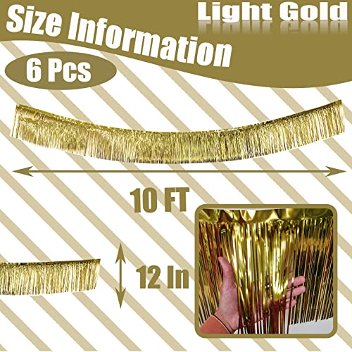 Image of 6 Pack 10 Feet Foil Fringe Garland Metallic Tinsel Streamers Banner Wall Hanging Curtain Backdrop Banner for Parade Floats, Thanksgiving, Christmas, Birthday, Halloween Party Decorations(Light Gold)