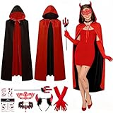 SelfTek Disfraz de Diablo de Carnaval para Mujer - 9 Piezas Conjunto con Capa, Guantes, Diadema, Horca, Collar, Máscara y Pegatinas. Ideal para Carnaval y Halloween