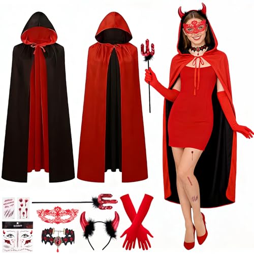 SelfTek Karneval Teufel Kostüm Damen - 9 Stück Fasching Kostüm Damen Sexy mit Umhang, Handschuhe, Haarband, Gabel, Halskette, Maske, Aufkleber,...