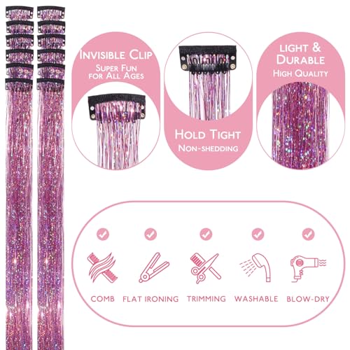 Image of WENNALIFE Hair Tinsel kit for Girls, Clip in Pink, 12PCS 24 Inch Hair Accessories for Women Clip in Colorful Glitter Tinsel Hair Fairy Girls Hair Accessories for Kids