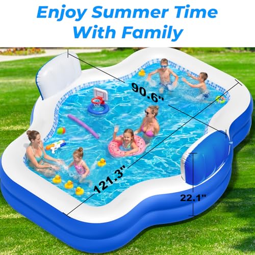 Image of Inflatable Swimming Pool with Seat Pump, 121 inch X 90 inch X 22 inch Blow-Up Pool for Kids Adults Oversized Thickened Kiddie Pool Family Full Sized Inflatable Pools for Garden, Backyard, Outdoor Water Party