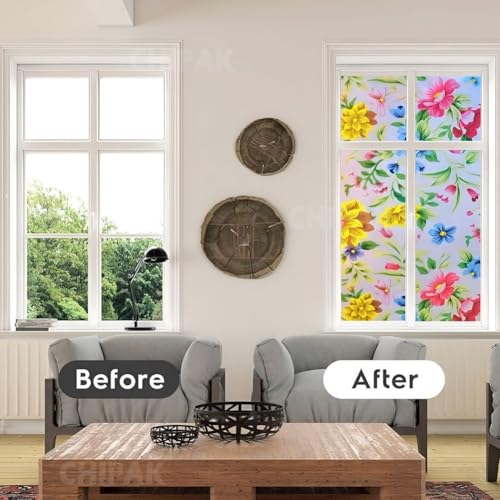 Image of CHIPAK Premium Vinyl Privacy Stained Window Glass Film (18x84 Inch) - Self-Adhesive Decorative Sticker Opaque Sheet Tint Wallpaper for Glass Cover Window, Door, Office, Home.| Anti-UV. Peppy Flowers