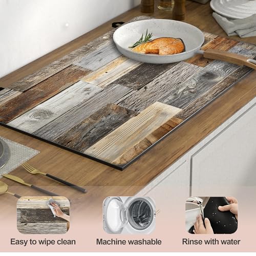 Image of Multi-Design Silicone Stove Cover for Glass /Electric Stoves - 3-in-1 Heat-Resistant Protector Mat, Non-Slip Drying Rack (Rustic Wood Grain Pattern, 28 inch L x 20 inch W)