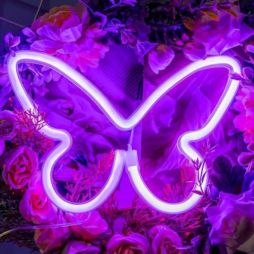 Pellimo Butterfly Neon Signs,USB or 3-AA Battery Powered Neon LED Lights for Table Decoration,Girls Bedroom, Wall Décor,Kids Birthday,Wedding Party Supplies and Business Gifts (Purple)