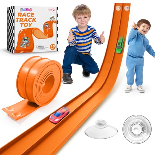 Image of Flexible Race Car Track 15 Ft Starter Set with Suction Cups, Rolls Up Portable Race Track Compatible with Diecast 1 /64th Car, Suitable for Home, Beaches, Parks, and Lawn