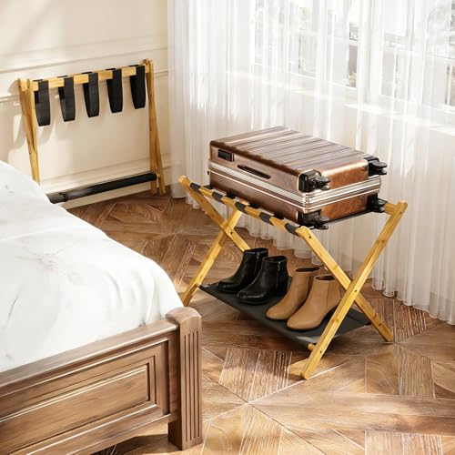 BAMBOOHOMIE Bambus-Gepäckständer für Gästezimmer, 26,77 Zoll faltbarer Kofferständer mit Stoffablage, verstärkter Kofferhalter für Hotel & Schlafzimmer, Gepäckablage für Koffer (2er-Set, Natur)