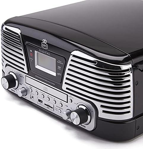 GPO Memphis 4-in-1 Music Centre with CD Player, FM Radio, Portable 3-Speed Record Player with Built-in Stereo Speakers, Vinyl Turntable Record Player, Black