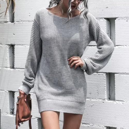 Image of Crew Neck Long Sleeve Sweater Mini Dress, Casual Knit Dress | Soft acrylic sweater mini with crew neck and long sleeves, cozy for winter, work, holidays and daily wear
