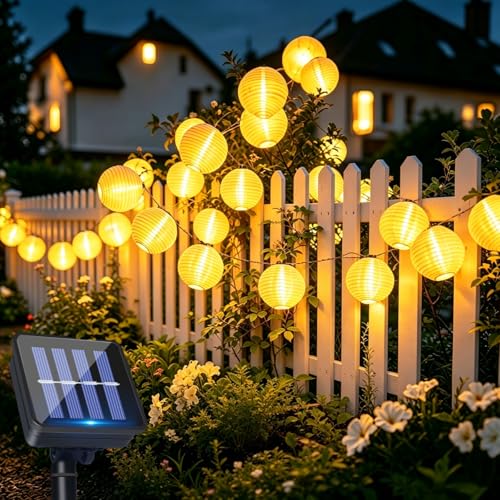 Guirlande Solaire Lanternes Extérieures, 6M 20 LED Lanternes Lampes, IP65 Étanche, Guinguette Lanterne Solaire 8 Modes, Decorative pour Jardin, Balcon, Cour,...