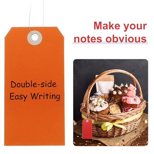 QUARKZMAN 100 Stück Hängeetiketten, Versandetiketten mit Drahtschnur, Papieretiketten zum Beschriften, geeignet für Gepäck, Kleidung, Weinflaschen (12,1 cm x 6 cm, Orange)