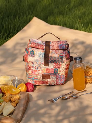 Image of ZOUK Kutch Gamthi Abstract Printed Multicolor Insulated Roll up Lunch Bag,Cotton, 7 Litres