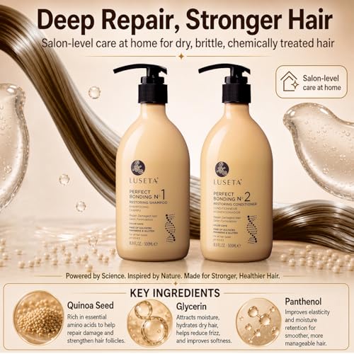 Image of LUSETA Bond Repair & Revitalizing Shampoo and Conditioner Set for Chemically Damaged Hair. Deep Moisture to Smooth Frizz & Add Shine. Strengthens Hair Structure with Rosemary & Marula Oils, 2x16.9 oz