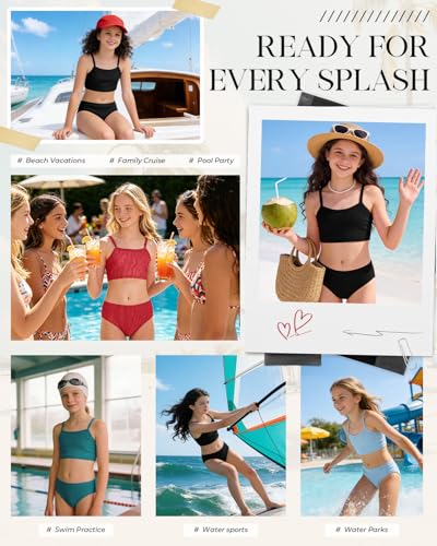 Image of Century Star Girls Ribbed 2-Piece Bikini Swimsuit - Fully Lined Modest Bathing Suit for Teens & Tweens