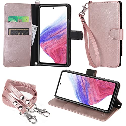 wisers Galaxy A53 5G SC-53C / SCG15 対応 手帳型 スマホケース (ローズゴールド) ストラップ 2種付き (ハンドストラップ/ネックストラップ) カードホルダー 牛革調PUレザー 2022 新型