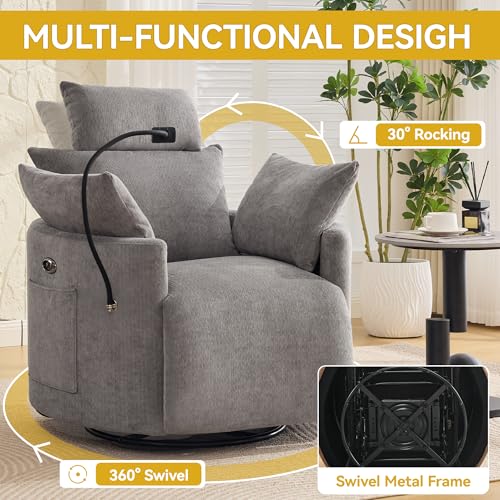 Image of Power Recliner Chairs, 360 Swivel Rocking Chair Nursery with USB /Type-C & Phone Holder, Gilder Reclining Chair with Side Pocket for Adults, Barrel Recliners for Living Room, Chenille Light Grey