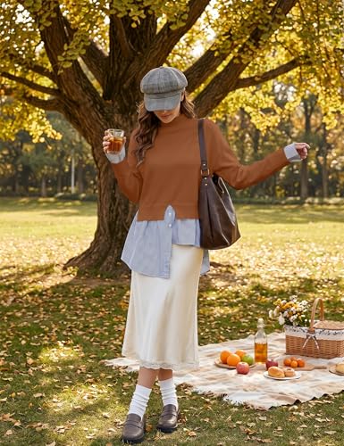Image of Turtleneck Asymmetrical Sweaters for Women Patchwork 2 in 1 Pullover Knit Sweater Slit Button Down Shirt 2026 Fall