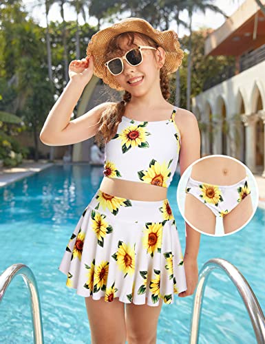 SHEKINI 3-delig bedrukt badpak voor meisjes, hoge taille, bikini-set met cover-up broek, gele bloemenprint, 14 Jaar