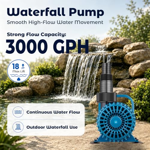 Image of TONGCHANT Pond Pump for Fish Pond Fountain & Waterfall, 3000 GPH 18FT Lift | 150W submersible water pump, ultra quiet motor, 180 rotatable outlet, filter bag, 20FT cord, UL listed