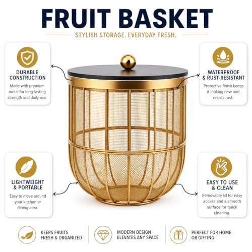 Image of Luxury Gold Metal Fruit Basket with Lid, Modern Wire Mesh Storage Bowl for Kitchen Counter, Decorative Fruit Holder for Dining Table, Rust-Resistant Organizer for Fruits, Vegetables & Snacks