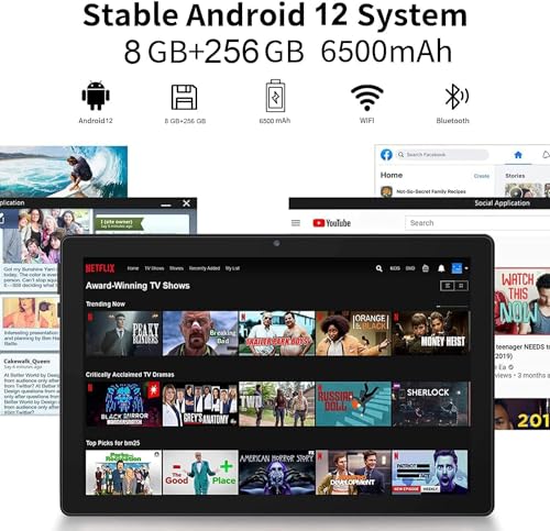 10,36 polegadas Tablet com Caso, Teclado e Mouse, Android 12 Tablet, 8GB +256GB, Processador 8-Core,