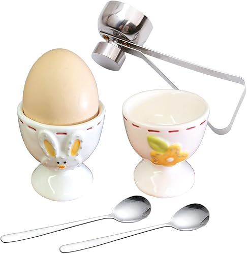 OURASHERO Huevos para huevos duros suaves 2 soportes para huevos duros duros crudos de cerámica + 1 cortador de galletas de huevo + 2 cucharas