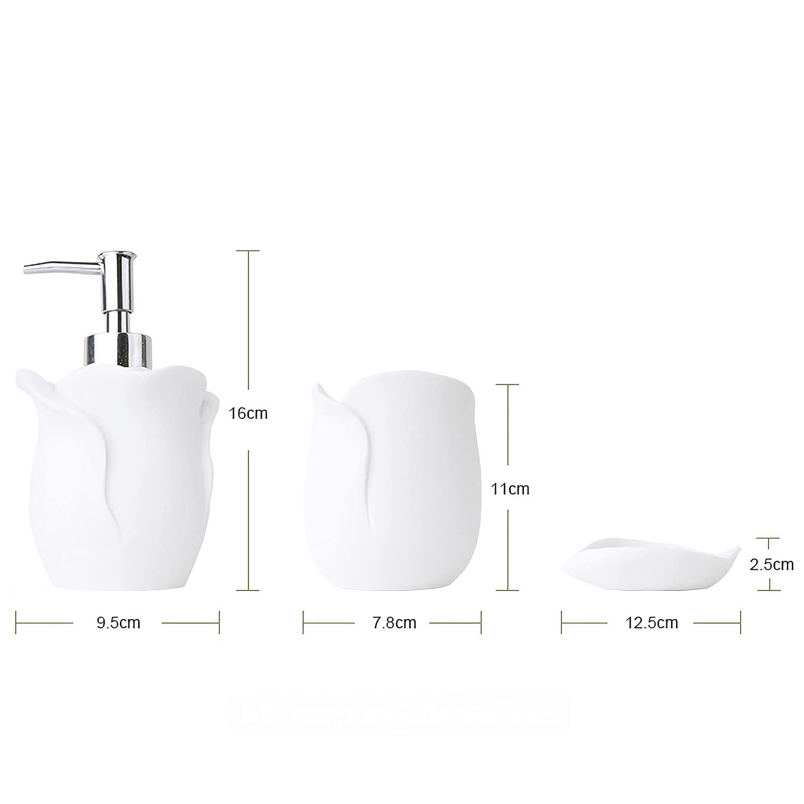 Moderno Decorativo 3D Rosas 4 Piezas Accesorios de Baño Set Dispensador de Jabón/Cepillo de Dientes TazaJabonera, 4 Piezas,Blanco