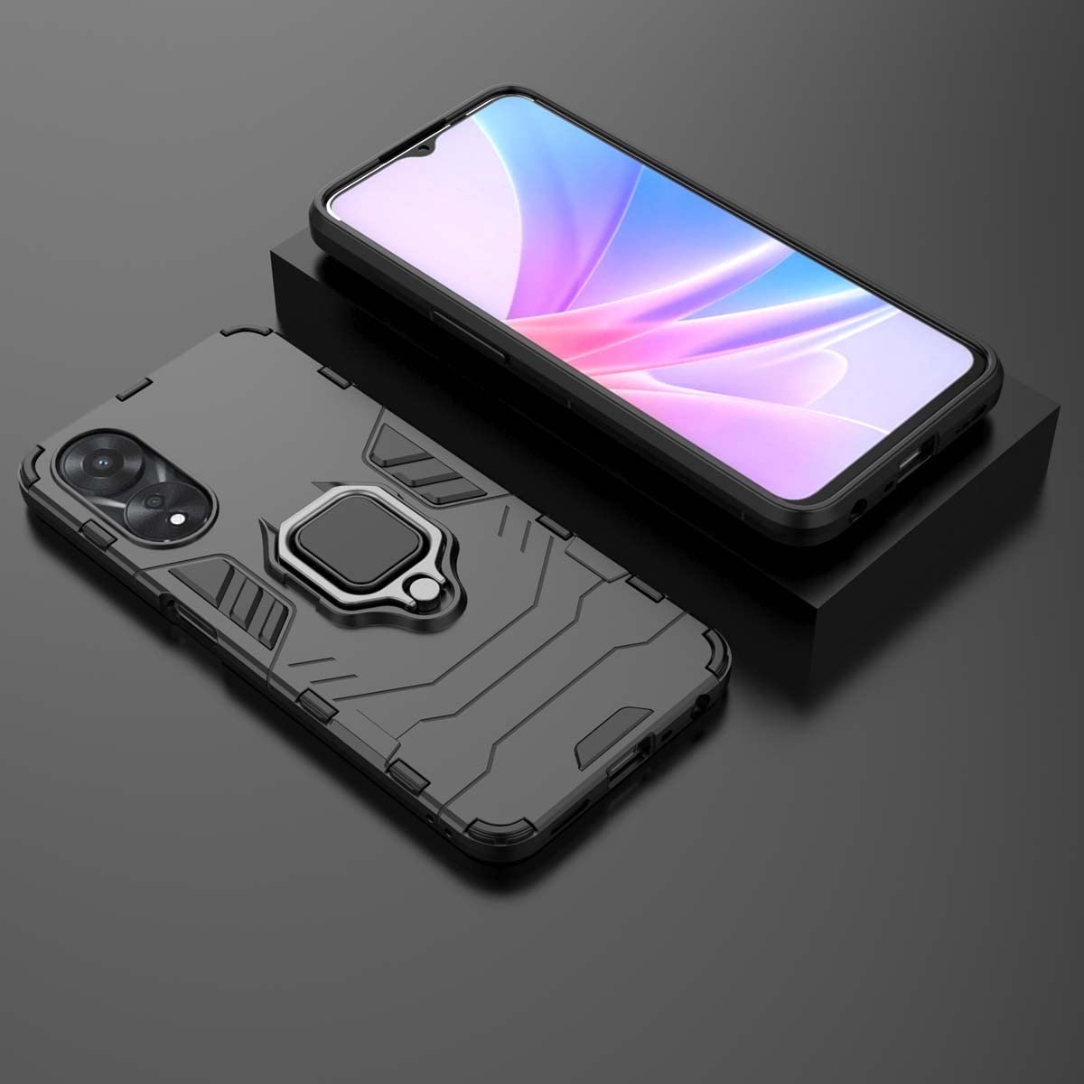 GOKEN Cover per Oppo A78 5G, TPU/PC Dual Layer Hybrid Armor Custodia con Supporto Magnetico Auto, Silicone Cover con 360° Girevole Anello,Antiurto Protezione Shell, Nero