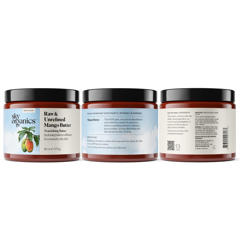 Sky Organics | Masło mango do ciała i twarzy | 100% nieprzetworzone i nierafinowane | Nawilża, równowaga i ujednolicenie cery | 454 g