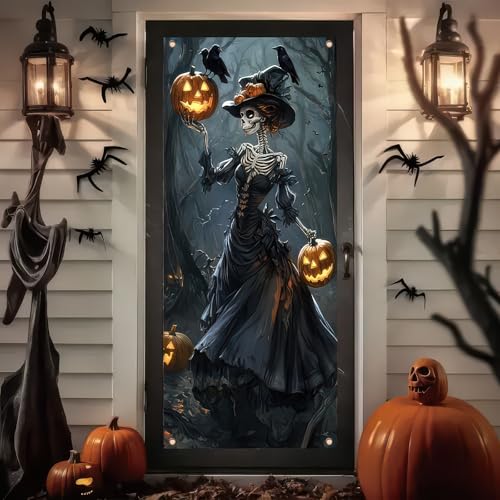 Image of BlissYard Skeleton Witch Door Cover Halloween Decorations 35x71 Inch Gothic Pumpkin Lady Banner Spooky Halloween Door Decor for Haunted House Wall Prop Indoor Party Backdrop