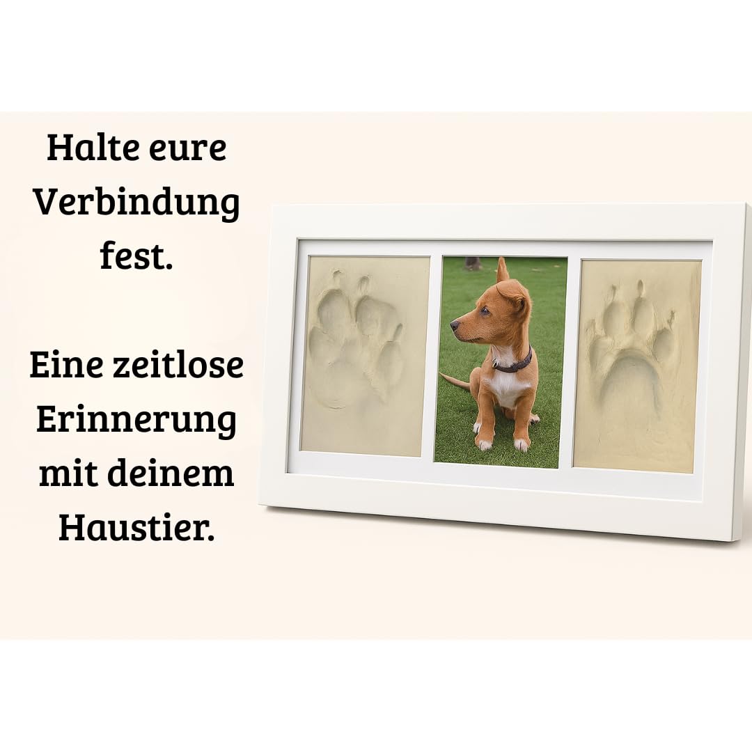 Bilderrahmen für Haustierabdrücke (Hund, Katze) mit Foto, Druckset aus weißem Ton, Geschenkbox mit farbigem Passepartout, personalisiertes Andenken für Hunde und Katzen.